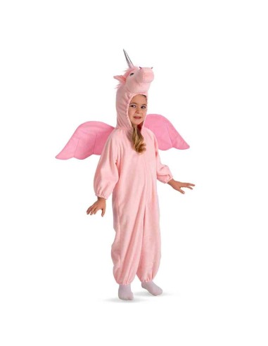 Costume tutona unicorno rosa con cappuccio, corno argentato e ali per feste a tema fantasy