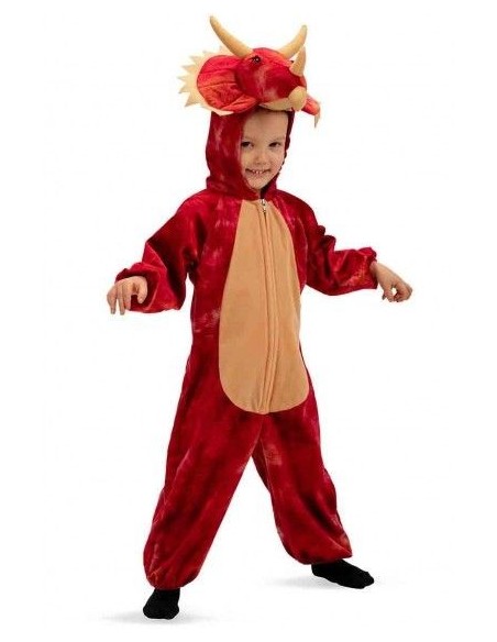 Costume triceratopo rosso bambino tutona pelliccetta cappuccio corna dinosauro Halloween Carnevale