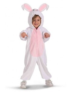 Costume tutona coniglietto bianco rosa in pelliccetta con cappuccio e orecchie per bambino Carnevale