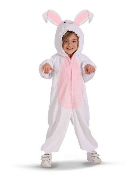 Costume tutona coniglietto bianco rosa in pelliccetta con cappuccio e orecchie per bambino Carnevale