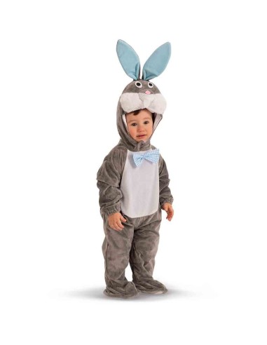 Costume tutina coniglietto grigio con cappuccio e orecchie azzurre per neonato 6-12 mesi