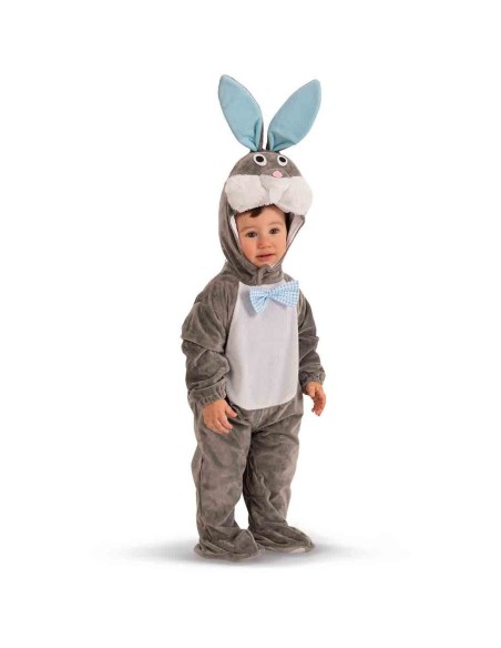 Costume tutina coniglietto grigio con cappuccio e orecchie azzurre per neonato 6-12 mesi
