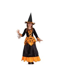 Costume strega bambina nero arancione con vestito lungo cappello punta Halloween