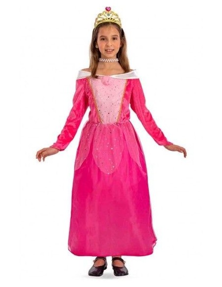 Costume principessa bambina rosa fucsia con abito lungo maniche lunghe e corona dorata