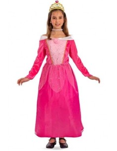 Costume principessa bambina rosa fucsia con corona dorata e collana di perle per feste a tema
