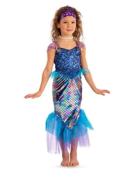 Costume sirenetta bambina con coda iridescente multicolore e corpino blu scintillante per Carnevale