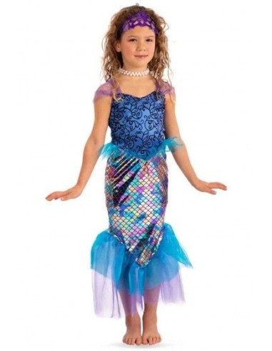 Costume sirenetta bambina con top blu e coda multicolore iridescente per feste e Carnevale