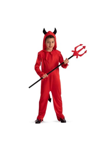 Costume diavoletto rosso bambino con cappuccio corna nere e tridente per Halloween