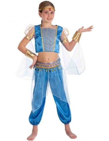 Costume odalisca azzurro con top, pantaloni palazzo, velo e fascia gioiello per feste orientali