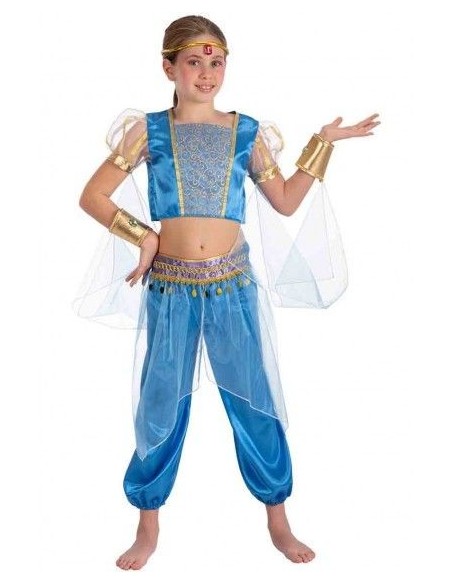Costume odalisca bambina blu con top decorato, pantaloni a sbuffo e accessori dorati per feste a tema