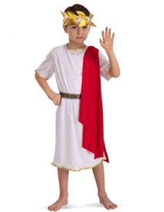 Costume senatore romano bambino tunica bianca mantello rosso corona alloro per feste tema storico