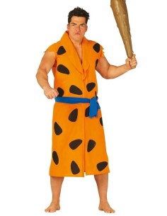 Costume Fred Flintstone arancione con macchie nere e cintura blu per feste a tema cartoni animati