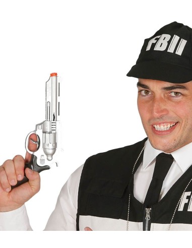 Pistola gangster in plastica argentata con impugnatura marrone per costumi e travestimenti