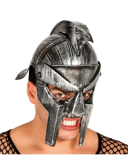 Elmo gladiatore romano argentato con cresta e protezioni facciali per costume storico