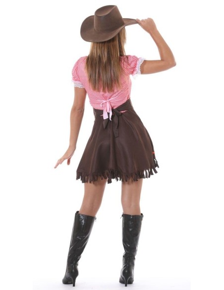 Costume cowgirl sexy con abito quadretti rossi, gonna marrone frange, cintura e foulard per feste western