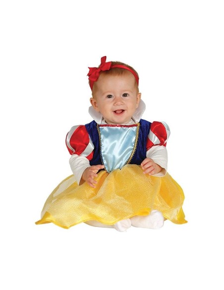 Costume neonata principessa Biancaneve con vestito blu giallo rosso e fiocco capelli per Carnevale