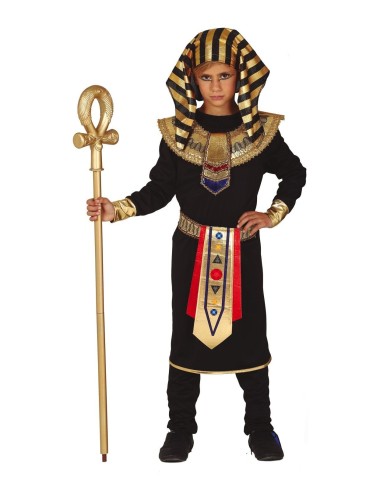 Costume faraone egiziano bambino con copricapo dorato nero e bastone ankh per feste tema antico Egitto