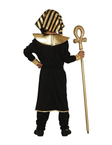 Costume faraone egiziano bambino con copricapo dorato nero e bastone ankh per feste tema antico Egitto