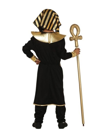 Costume faraone egiziano bambino con copricapo dorato nero e bastone ankh per feste tema antico Egitto