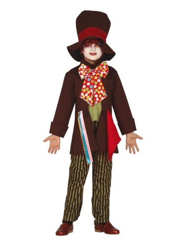 Costume Cappellaio Matto bambino con giacca marrone, cappello cilindro, pantalone righe e cravatta colorata