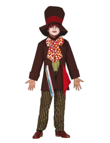 Costume Cappellaio Matto bambino con giacca marrone, cappello cilindro, pantalone righe e cravatta colorata