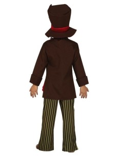 Costume Cappellaio Matto bambino con giacca marrone, cappello cilindro, pantalone righe e cravatta colorata 2