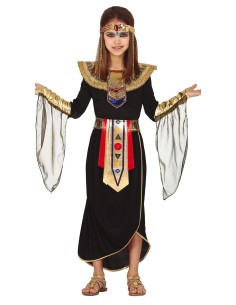 Costume egiziana bambina con vestito nero, cintura decorata e collare dorato per feste tema antico Egitto