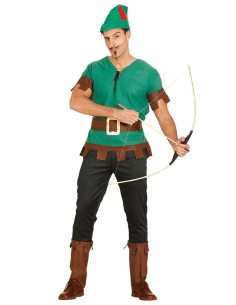 Costume Robin Hood verde con cappello, cintura e arco per feste a tema medievale