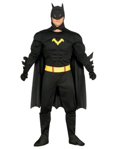 Costume Batman replica nero completo con tuta muscolare, mantello, maschera e cintura per adulto