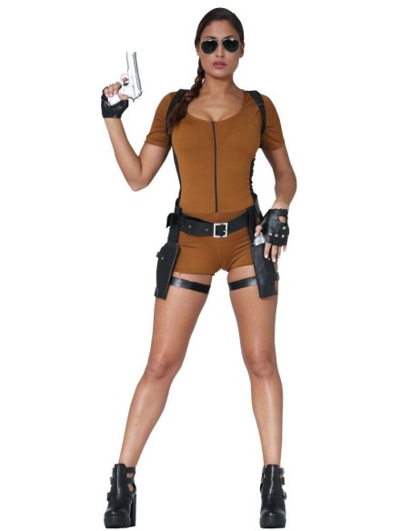 Costume Tomb Raider Lara Croft con tuta marrone, cintura e fondine per donna