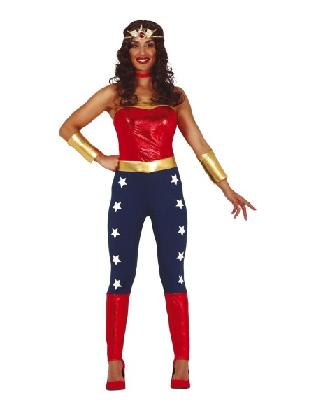 Costume supereroina Wonder Woman con top rosso, leggings blu stellati e accessori dorati per donna