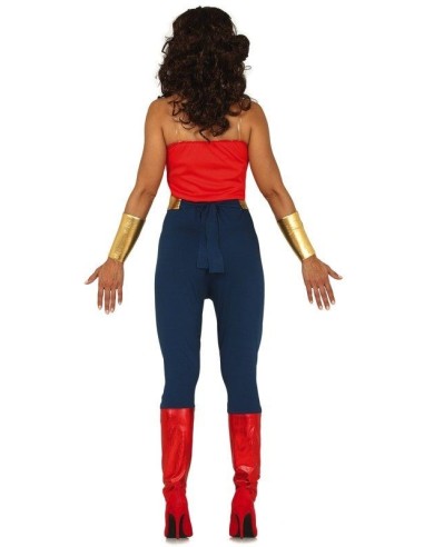 Costume supereroina Wonder Woman con top rosso, leggings blu stellati e accessori dorati per donna