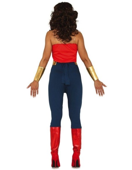 Costume supereroina Wonder Woman con top rosso, leggings blu stellati e accessori dorati per donna