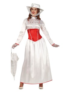 Costume Mary Poppins donna con vestito bianco corsetto rosso cappello e guanti per festa a tema Disney