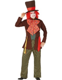 Costume Cappellaio Matto con giacca marrone, pantaloni righe verdi, cappello cilindro per festa tema Alice