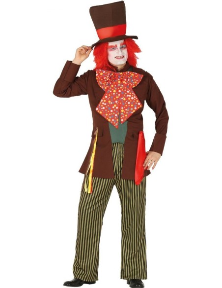 Costume Cappellaio Matto con giacca marrone, pantaloni righe verdi, cappello cilindro per festa tema Alice