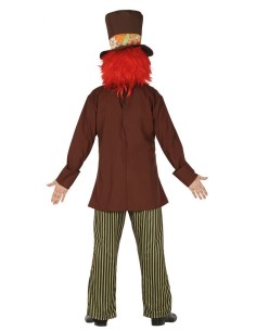 Costume Cappellaio Matto con giacca marrone, pantaloni righe verdi, cappello cilindro per festa tema Alice 2