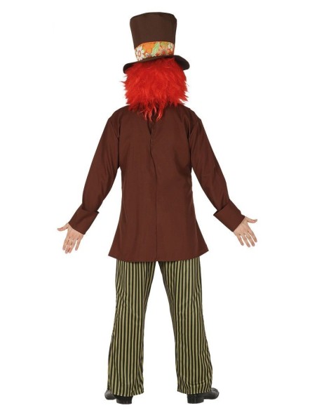Costume Cappellaio Matto con giacca marrone, pantaloni righe verdi, cappello cilindro per festa tema Alice