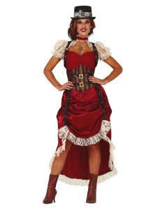 Costume steampunk donna rosso bordò con corsetto, gonna lunga e accessori vittoriani per feste a tema