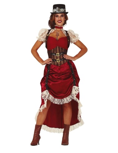 Costume steampunk donna rosso bordò con corsetto, gonna lunga e accessori vittoriani per feste a tema