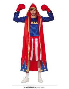 Costume pugile americano con mantello rosso, maglia blu USA e pantaloncini a righe per feste a tema