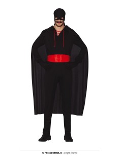 Costume Zorro nero con mantello lungo, fascia rossa e maschera per travestimento giustiziere