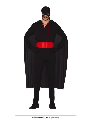 Costume Zorro nero con mantello lungo, fascia rossa e maschera per travestimento giustiziere