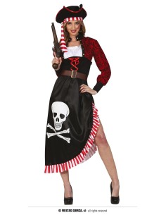 Costume piratessa donna con gonna nera teschio, corsetto rosso e fascia a righe per feste a tema