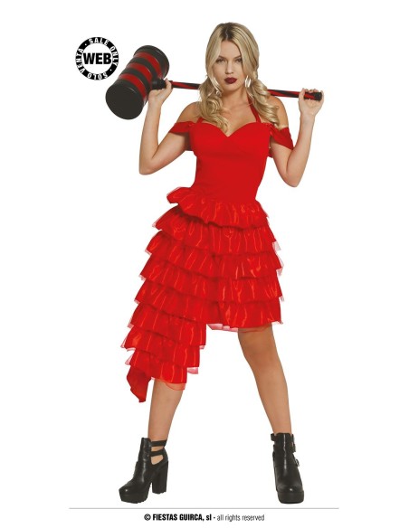 Costume Harley Quinn rosso con corpetto e gonna a balze asimmetrica per donna