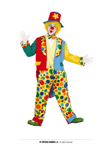 Costume da clown multicolore con pois colorati, pantaloni e maglia vivaci per feste e Carnevale