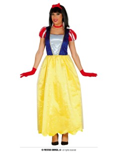 Costume Biancaneve donna con vestito lungo giallo blu rosso cerchietto e guanti rossi per feste tema Disney