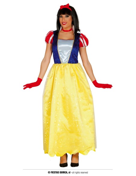 Costume Biancaneve donna con vestito lungo giallo blu rosso cerchietto e guanti rossi per feste tema Disney