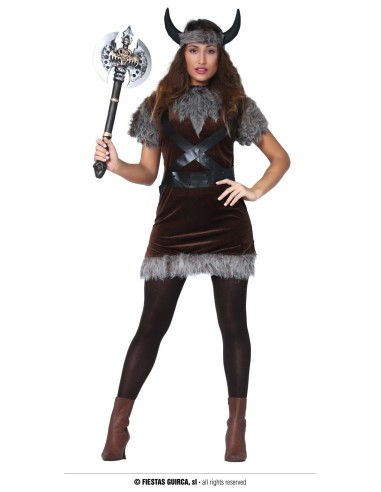 Costume da vichinga donna con abito marrone, pelliccia, cintura e copricapo con corna per Halloween