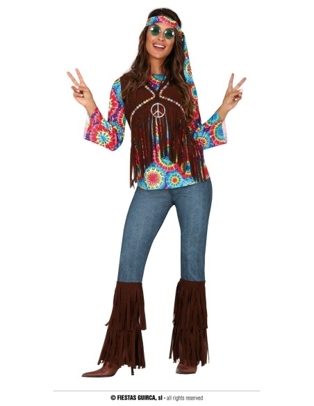 Costume hippie donna anni 70 con frange marroni, camicia floreale multicolore e fascia per capelli